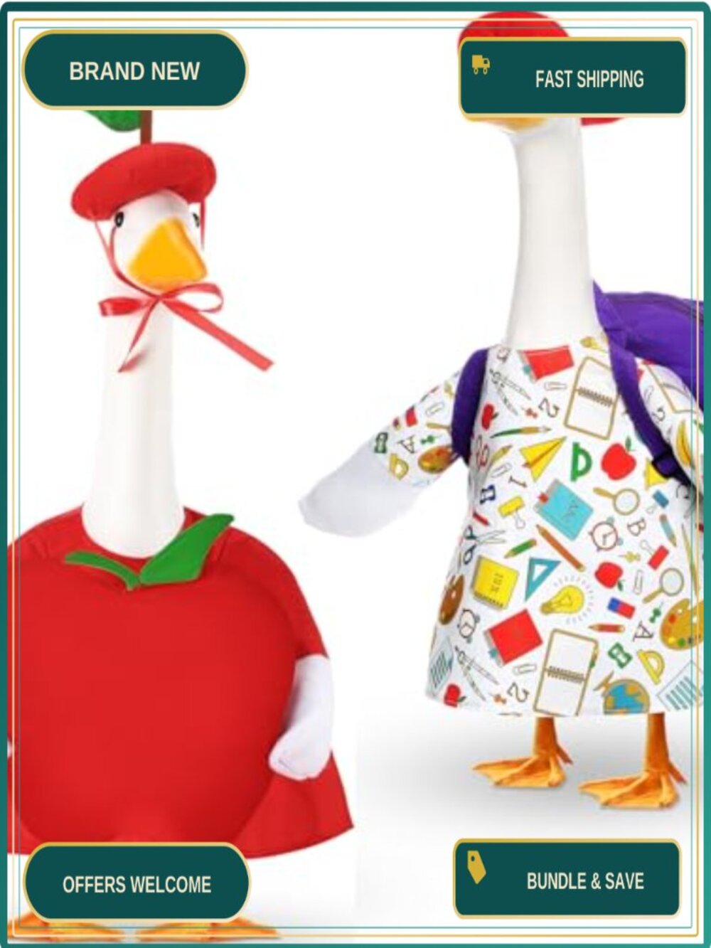 2-Pack 23" Back to School Porch Goose Outfit with Schoolbag and Apple Pillow